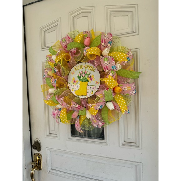Hello Spring Flowers Butterfly Ribbon Deco Mesh Spring Summer Wreath - Picture 7 of 8